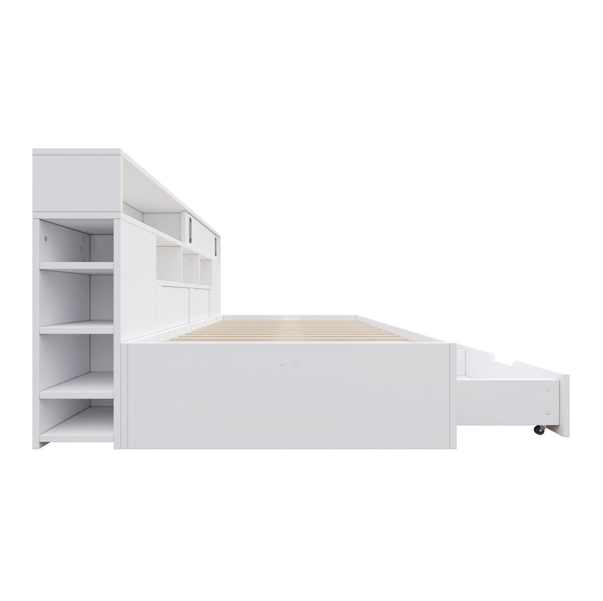 KINDERBETT 90/190 cm mit 2 Schubladen, Schrank, Regalen und Lattenrost aus MDF, Weiß - Weiß, Holzwerkstoff (90/190cm) - Redom