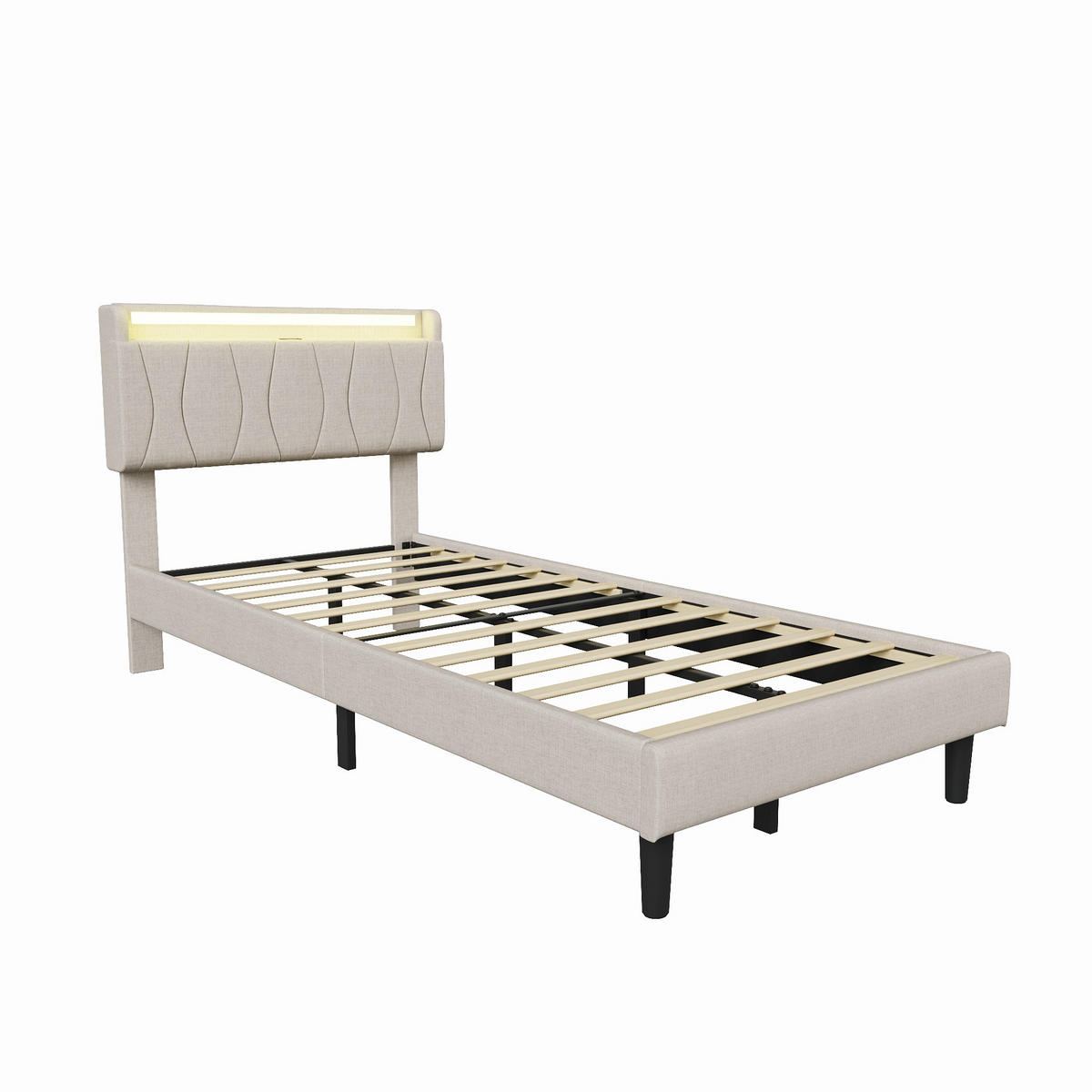 POLSTERBETT 90x200 cm mit LED & USB, Lattenrost, Beige - Beige, Metall (90/200cm)
