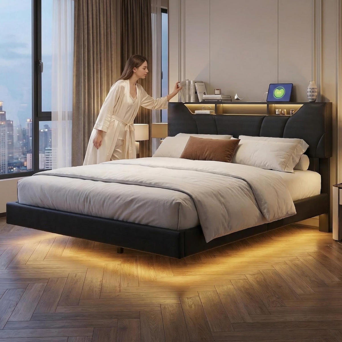 POLSTERBETT 160x200 cm in Schwarz,Bett mit höhenverstellbarem Kopfteil und LED - Schwarz, Holz/Metall (160/200cm) - PARAFTA HOME