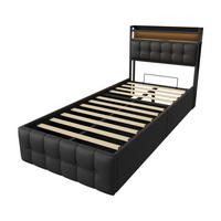 POLSTERBETT 90x200 cm mit hydraulischem Stauraum - Ladestation & LED-Beleuchtung - Gepolstertes Kopfteil - Schwarz - Schwarz, Textil (90/200cm) - DELFA