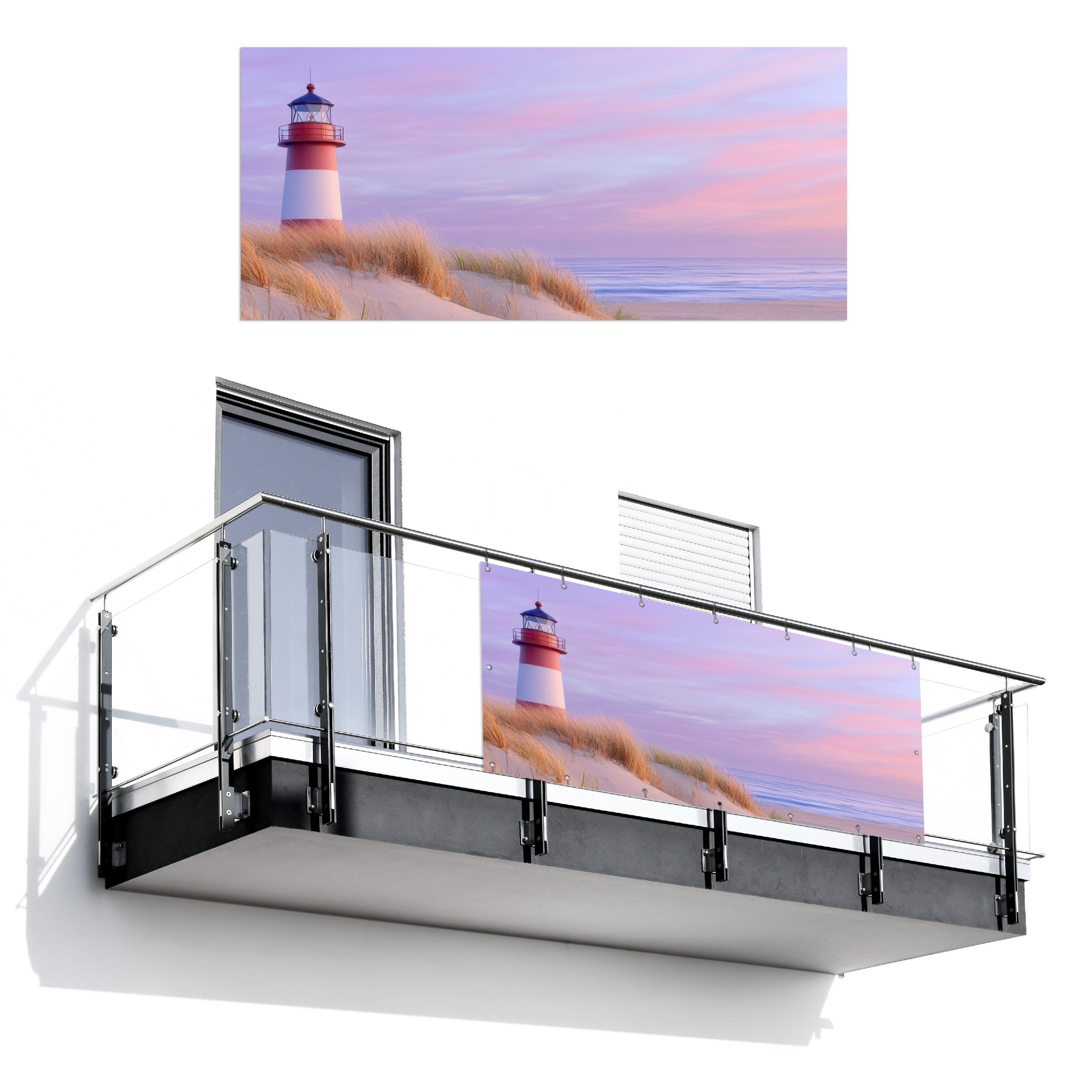 BALKON-SICHTSCHUTZ Leuchtturm - Dünen - Sonnenuntergang 200x90 cm - Hellrosa, Kunststoff (200/90cm) - MuchoWow