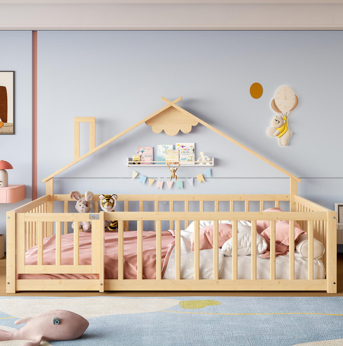 FLACHBETT 140/190 cm Natur Kiefernholz mit Geländer und Schloss - Naturfarben, Holz (140/190cm) - OKWISH