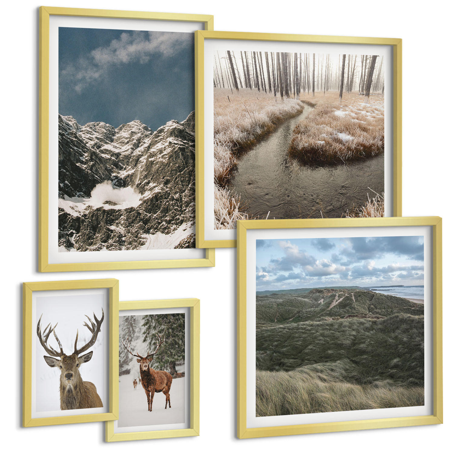 BILDER SET 5er Set - 50x50 cm & 20x30 cm & 40x60 cm Goldrahmen - Berge, Schnee, Hirsche, Waldlandschaft - Goldfarben, Kunststoff (40/60cm) - TULUP