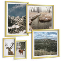 BILDER SET 5er Set - 50x50 cm & 20x30 cm & 40x60 cm Goldrahmen - Berge, Schnee, Hirsche, Waldlandschaft - Goldfarben, Kunststoff (40/60cm) - TULUP