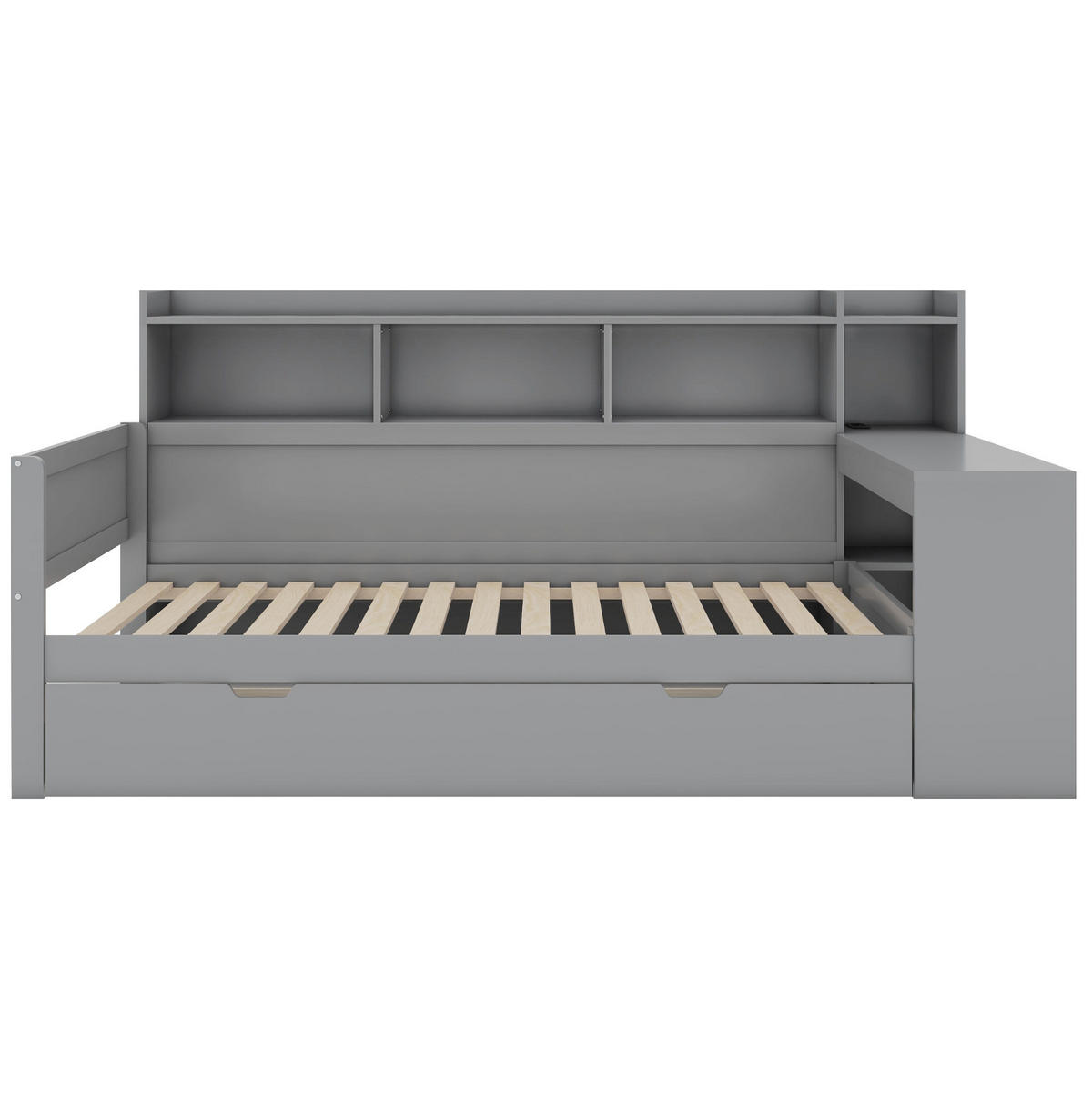 BETT 90/200 cm Grau mit Schreibtisch, 2 Schubladen und USB-Anschluss - Grau, Holzwerkstoff (90/200cm) - Flora Grace