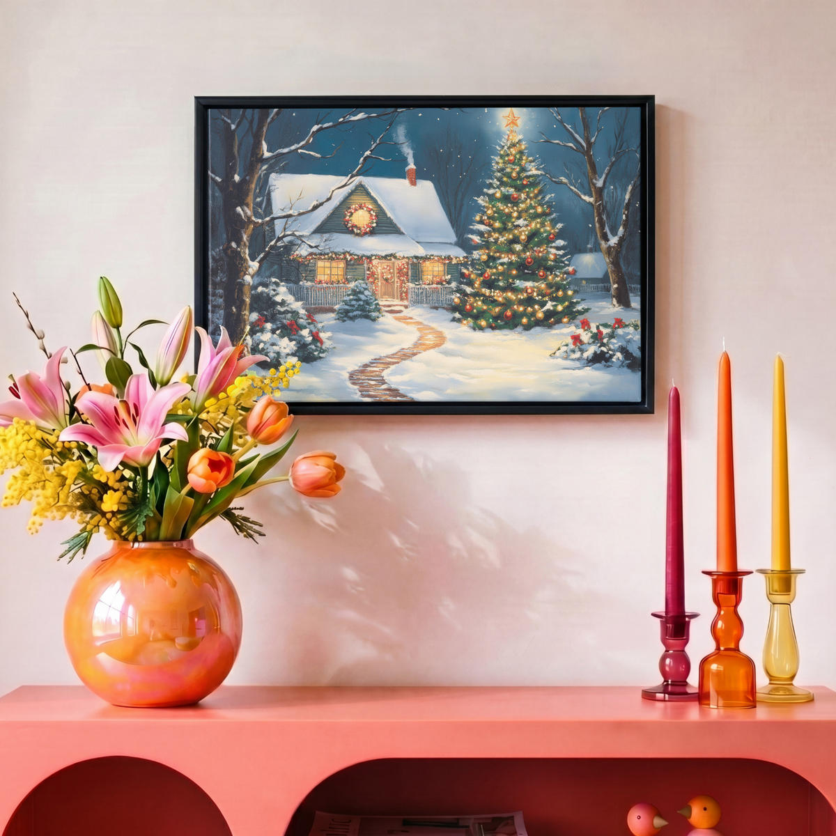 LEINWAND Bilder mit Rahmen - Weihnachten - Weihnachtsbaum - Winter - Zuhause - Schnee - 30x20 - Smaragdgrün, Textil (30/20cm) - MuchoWow