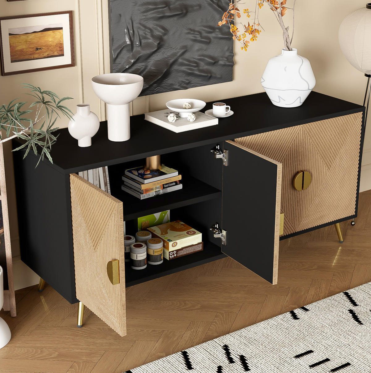 SIDEBOARD 160/40/75 cm mit 4 Türen und Soft-Close-Scharnieren, Schwarz/Holzfarben - Schwarz, Holzwerkstoff (160/75/40cm) - Redom