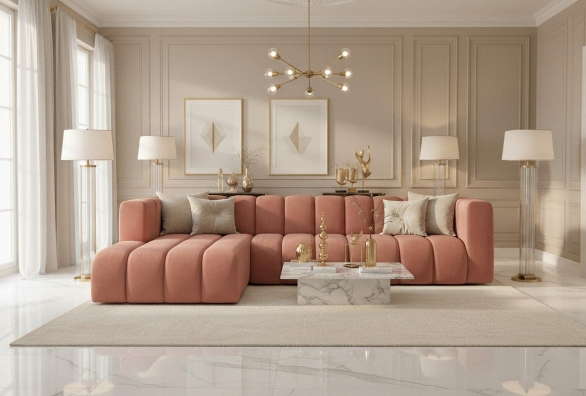 ECKSOFA L-Form GRAND 318 cm, Stoff Salvador, Rosa, Links - Rosa, Holz (318/179cm) - Kaiser Möbel
