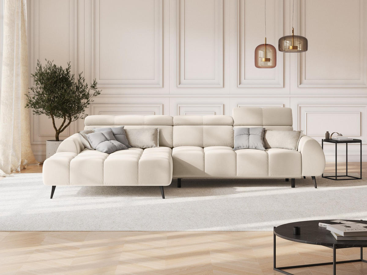 ELEKTRISCHES-ECKSOFA links Alyse aus Samt leichtes beige 5 Sitzplätze - Beige, Textil (188/295cm) - Micadoni