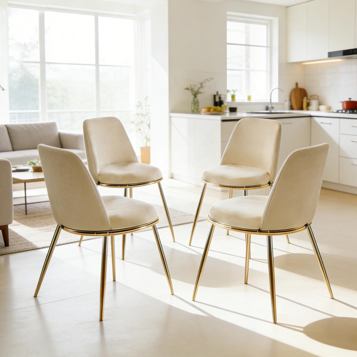 ESSGRUPPE DE-39333 5-teilig, mit 4 Samtstühlen Gold - Creme, Metall (80/75/80cm) - ComfortXL