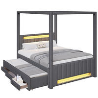 HIMMELBETT 140/200 cm grau aus Leinen und MDF mit Ausziehbett, 3 Schubladen und LED - Grau, Textil (140/200cm) - OKWISH