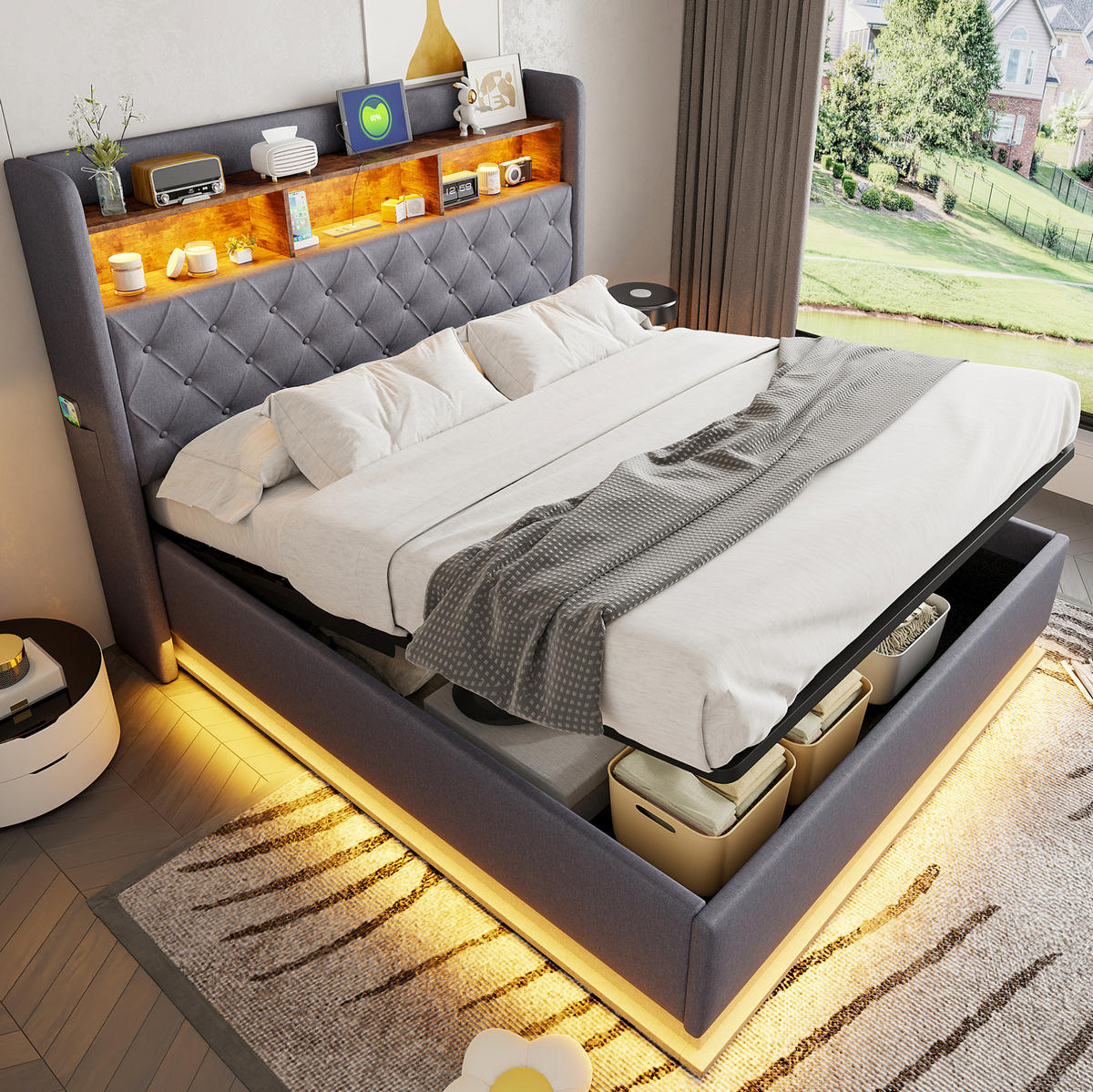 ČALÚNENÁ posteľ 160/200 cm s LED osvetlením, USB portom a hydraulickým úložným priestorom, Sivá - sivá, textil (160/200cm) - Redom