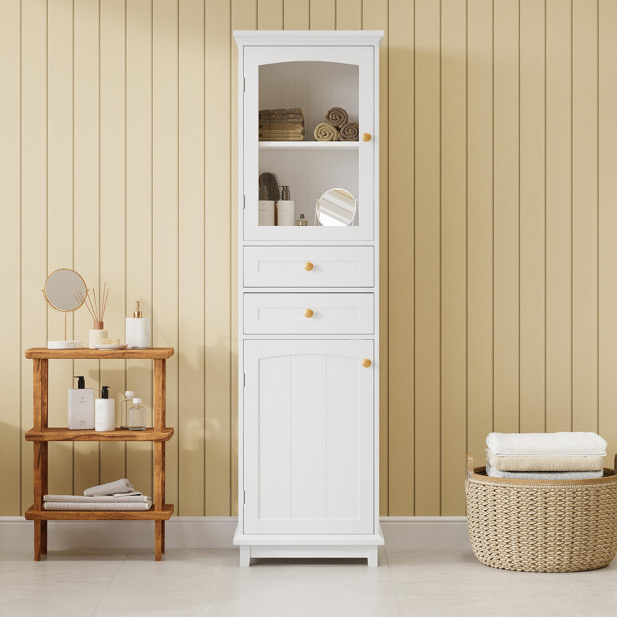 BADEZIMMERSCHRANK mit Glastüren, 2 Schränke, 2 Schubladen, verstellbare Einlegeböden, Weiß - Weiß, Holz (45/160/36cm) - PARAFTA HOME
