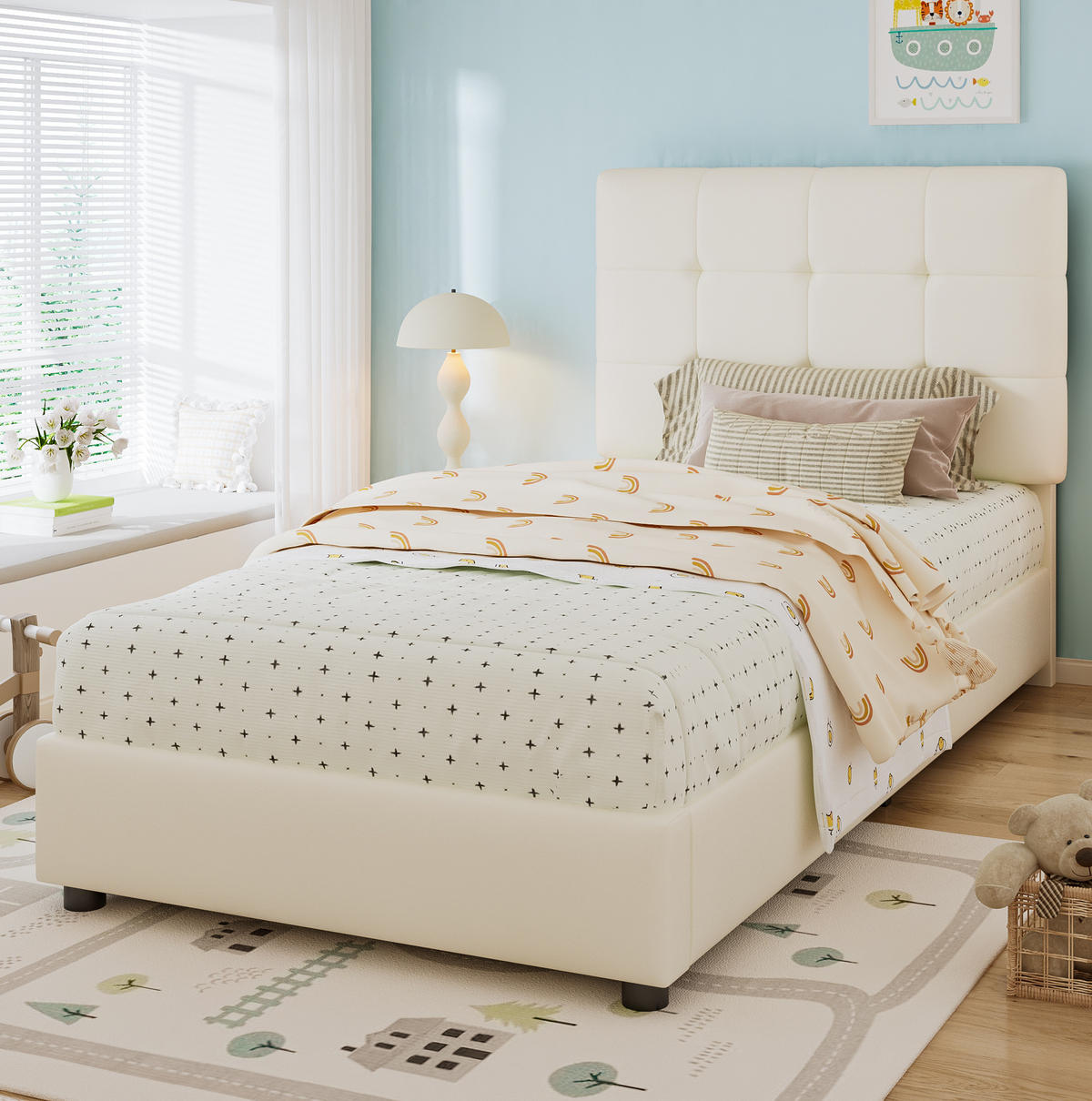 KINDERBETT Polsterbett 90/200 cm aus PU, Eisen und Sperrholz mit keksförmigem Kopfteil Beige - Beige, Holzwerkstoff (90/200cm) - Modenvie