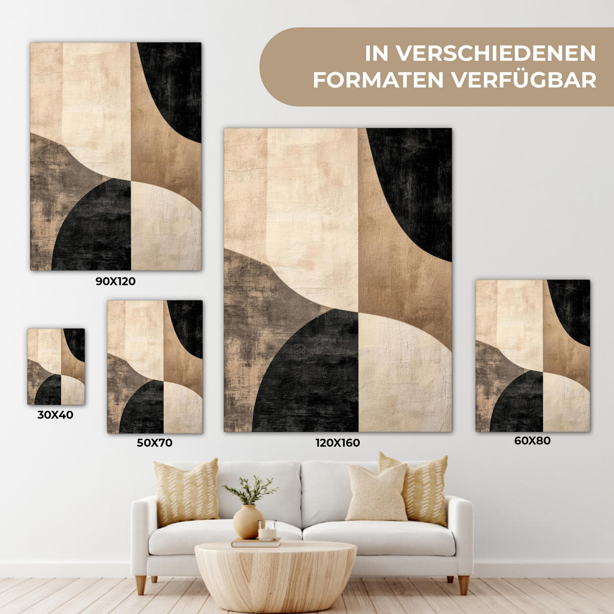 LEINWANDBILD Abstrakt - Flugzeuge - Schwarz - Rund Wandbild Wohnzimmer 60x80 cm - Beige, Textil (60/80cm) - MuchoWow
