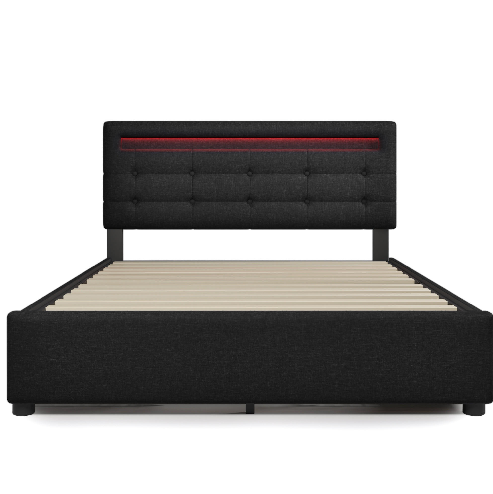 Modfu ČALOUNĚNÁ postel ze lnu 140x200 cm černá s LED osvětlením, matrací, 4 zásuvkami a nastavitelným čelem