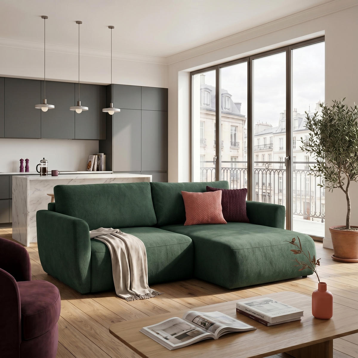 ECKSOFA BELLA L Rechts mit Schlaffunktion 140x205 Velours Dunkelgrün - Dunkelgrün/Schwarz, Holz/Kunststoff (165/230cm) - Muffo