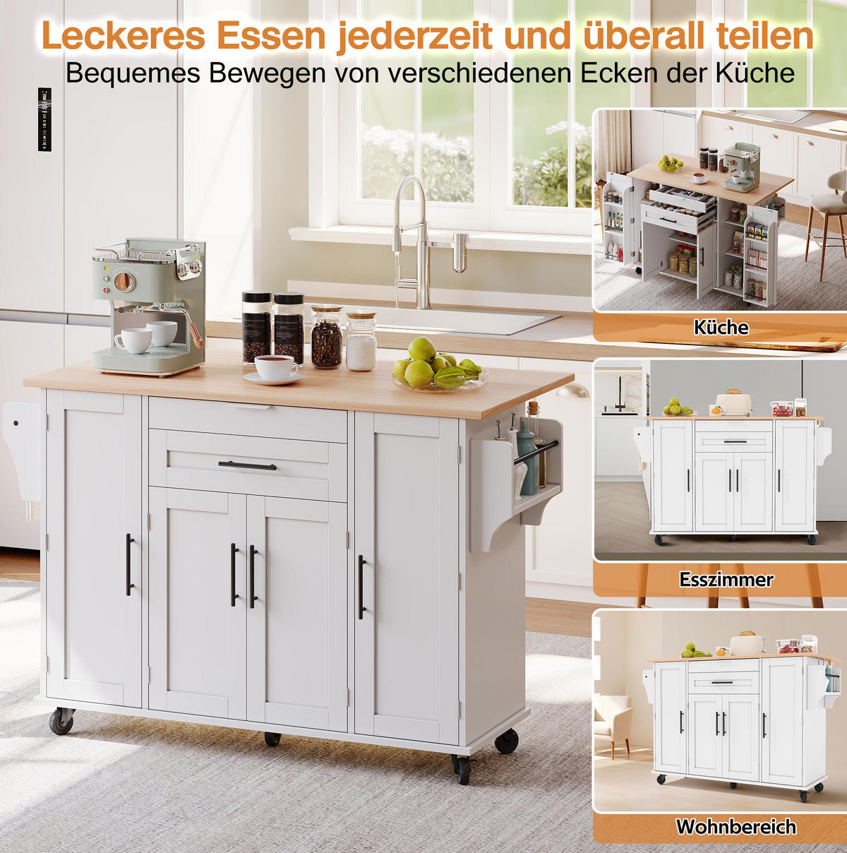 KÜCHENINSEL 136/70/92 cm aus MDF mit ausziehbarer Arbeitsplatte Weiß/Natur - Weiß, Holzwerkstoff (136/92/70cm) - Modenvie