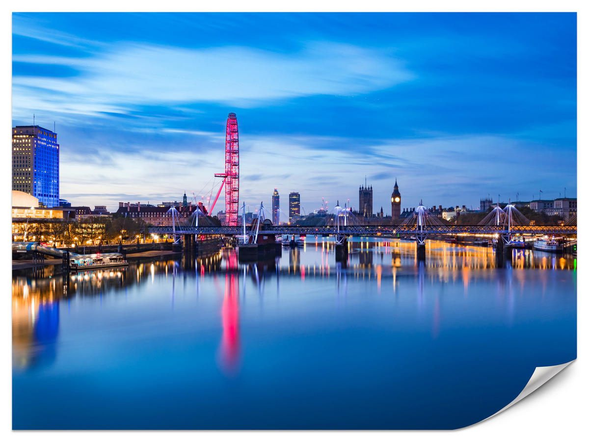 FOTOTAPETE für Wohnzimmer Panorama London Eye Themseufer 300x210 - Blau/Rot, Papier (300/210cm) - Muralo