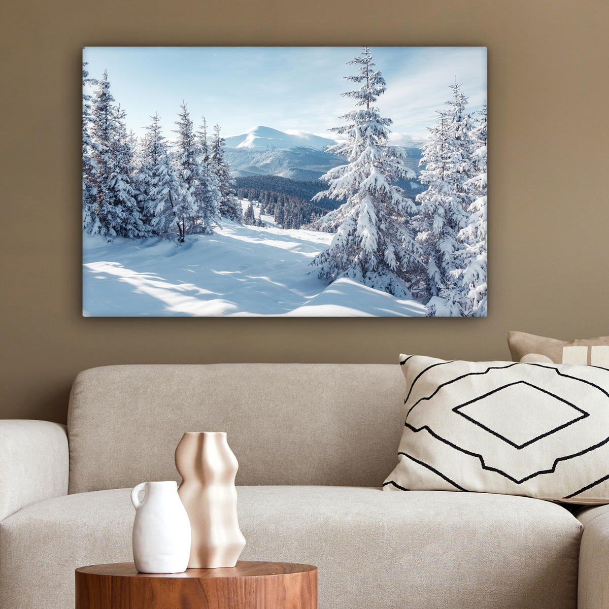 LEINWANDBILD Winterlandschaft - Natur - Berge - Bäume - Schnee Wanddeko 90x60 cm - Hellblau, Textil (90/60cm) - MuchoWow