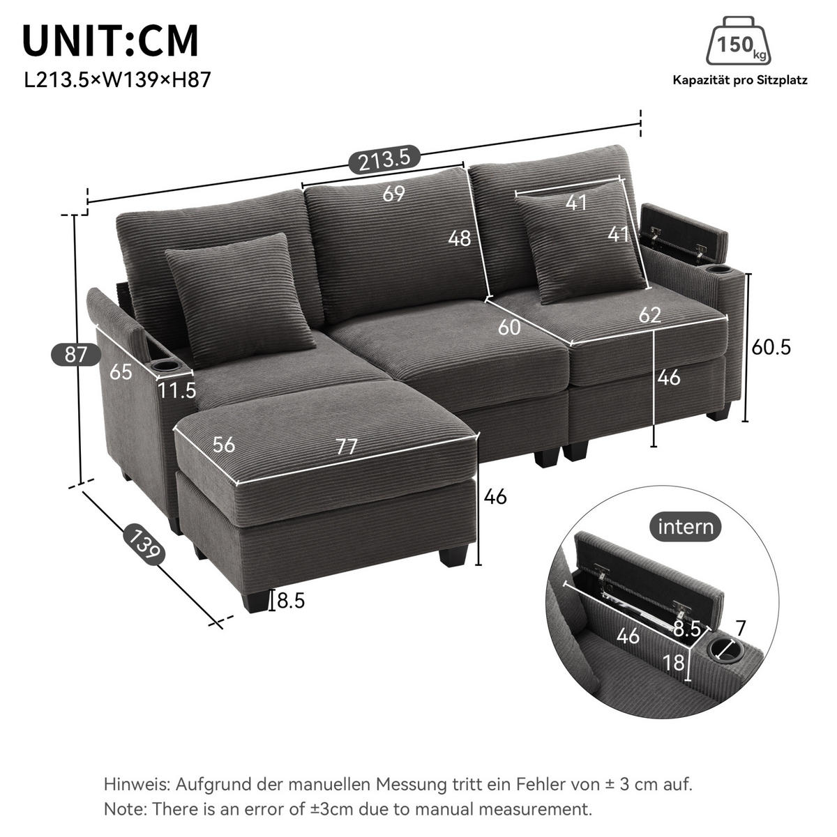 ECKSOFA 213,5/139/87 cm dunkelgrau aus Cord mit Hocker und USB - Dunkelgrau, Textil (139/213.5cm) - OKWISH