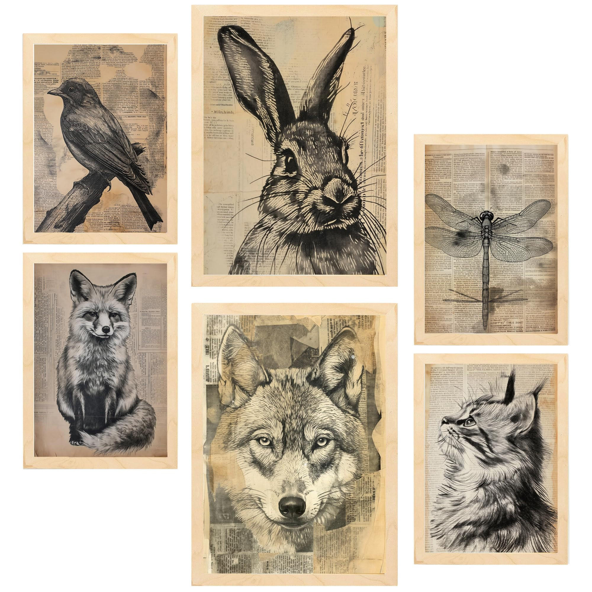 POSTER Set Mit 6 Vintage Tiere Vogel Hase Libelle Fuchs Wolf Katze Mit Laden A3 & A4 Rahmen Aus Hellem Holz - Beige, Papier (29/3cm) - Nacnic