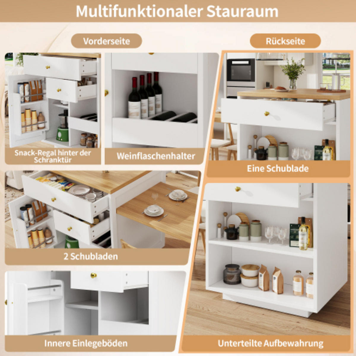 KÜCHENINSEL 122,5-195,5×70×93,8 cm aus MDF und Metall mit ausziehbarer Tischplatte und vielfältigem Stauraum, weiß - Weiß, Holzwerkstoff (195.5/93.8/70cm) - Luhomfu