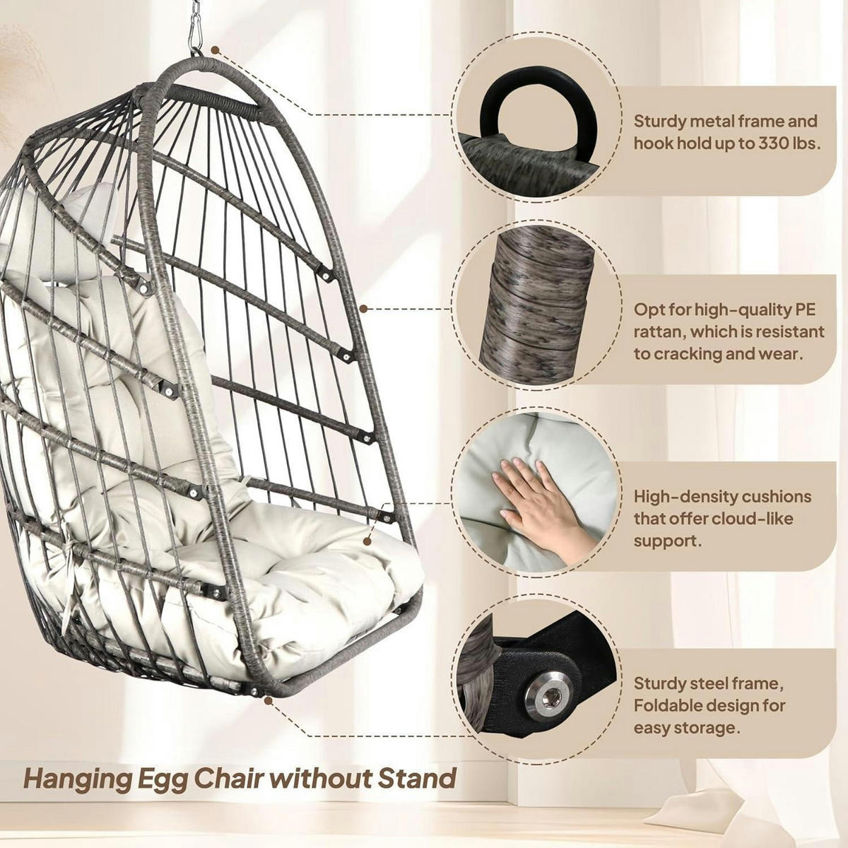 HÄNGESESSEL mit Kissen Grau, Faltbar, Rattan-Optik - Grau, Naturmaterialien (15/1.5/118cm)