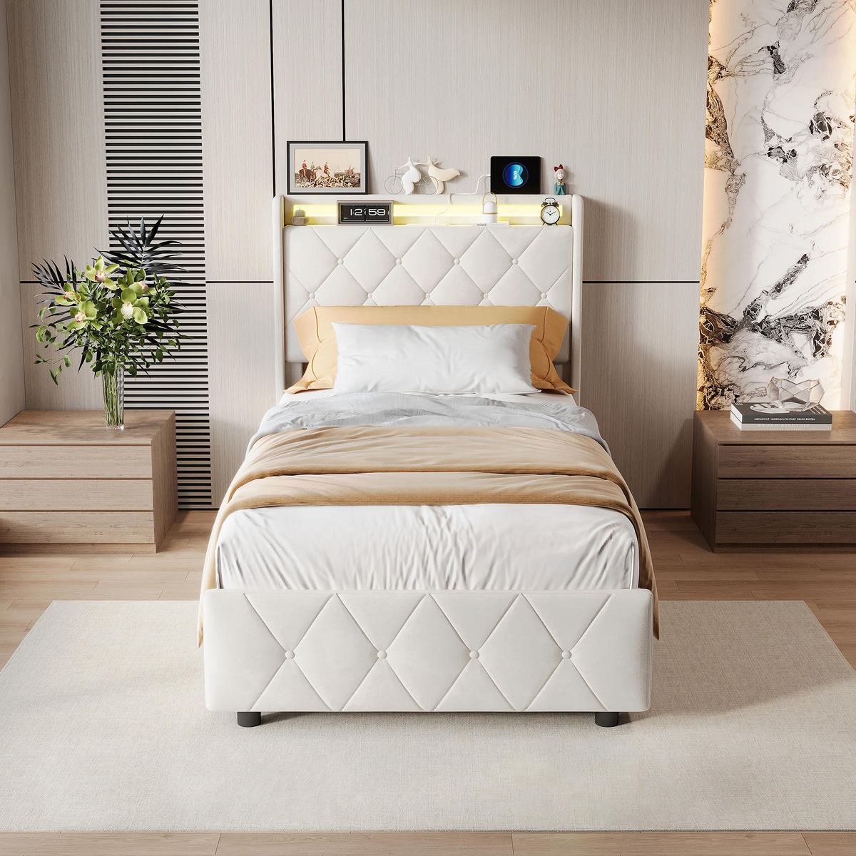 POLSTERBETT 90x200 cm LED USB 2 Schubladen Lattenrost beige - Beige, Holz (90/200cm) - LEBENLANG