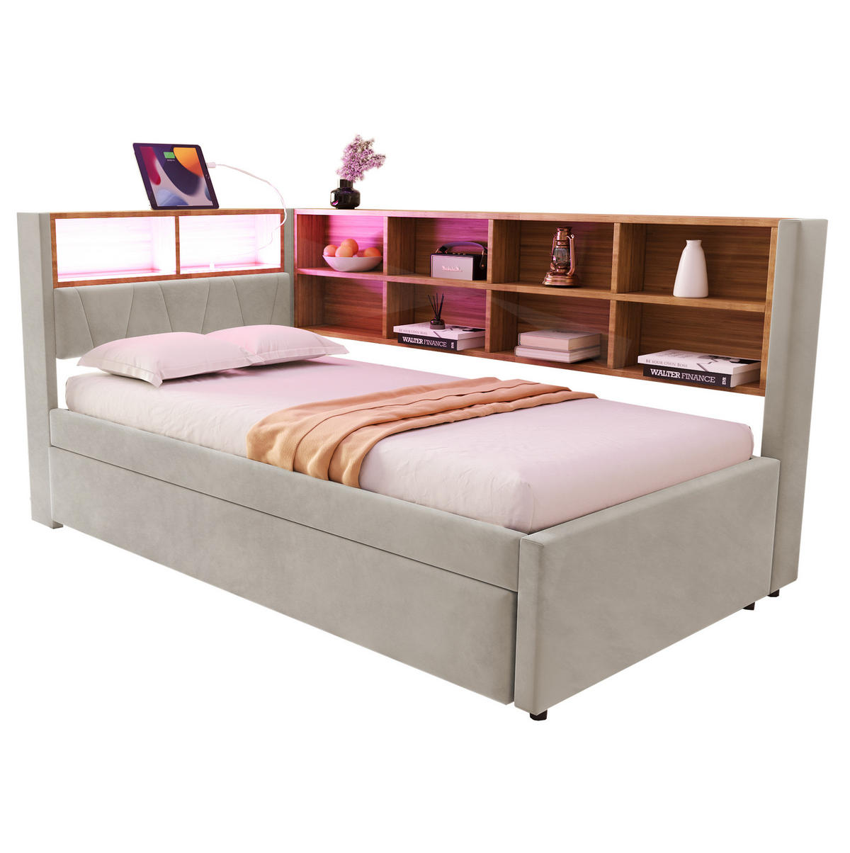 BETT aus Flanell 90x200 cm Hellgrau mit Ausziehbett 90x190 cm, LED, USB-C, Steckdose und Stauraum - Hellgrau, Textil (140/200cm) - Modfu
