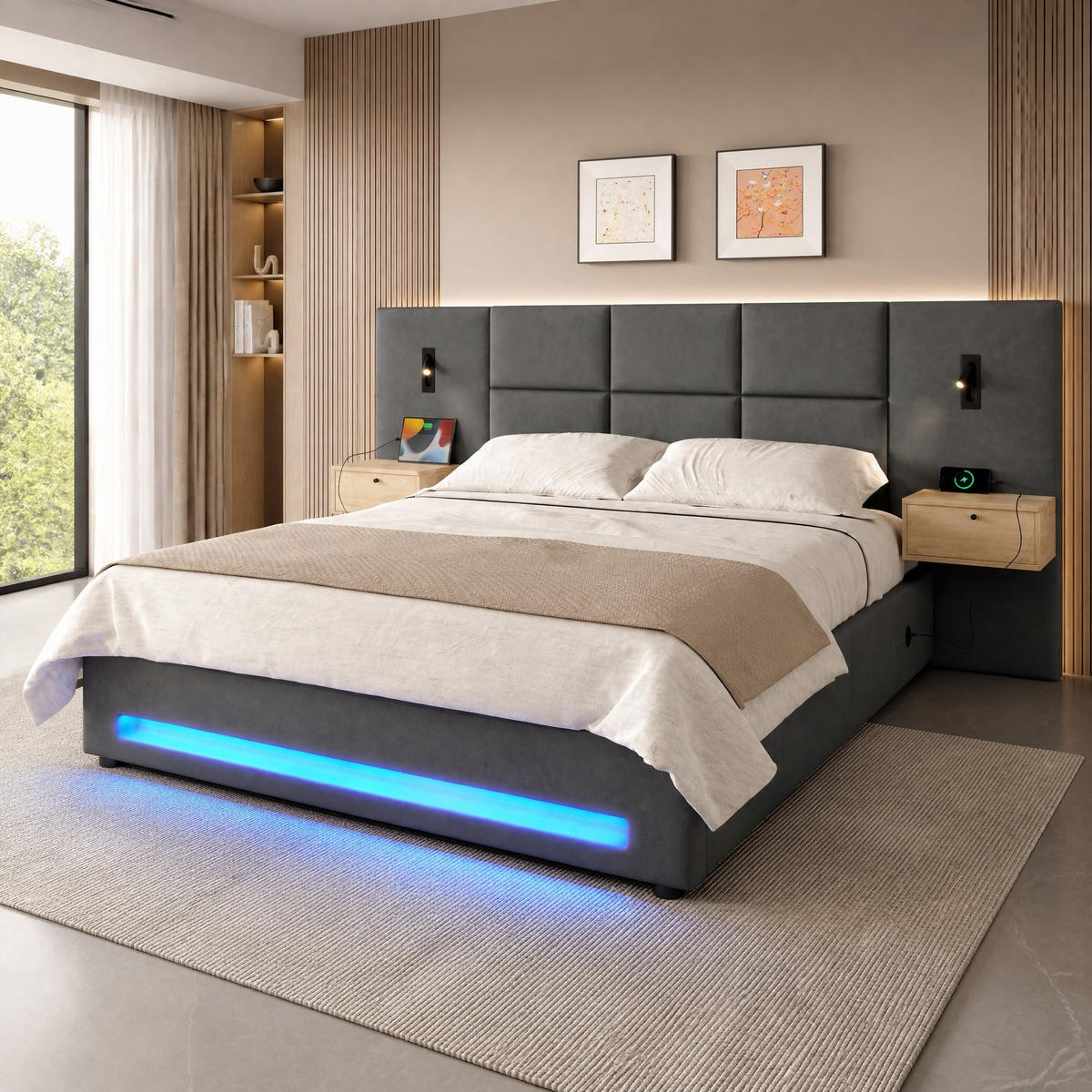 POLSTERBETT 180/200 mit hydraulischem Bettkasten, LED-Beleuchtung und USB-Type-C-Anschlüssen - Grau, Holzwerkstoff/Textil (180/200cm) - EVRYAE