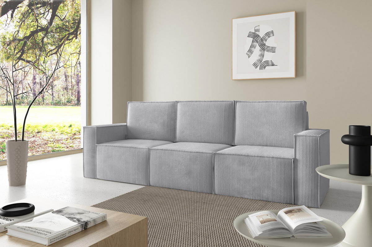 SOFA Orto Hellgrau, Dreisitzer Polstersofa - Hellgrau, Holzwerkstoff/Textil (247/93/82cm) - Bettso