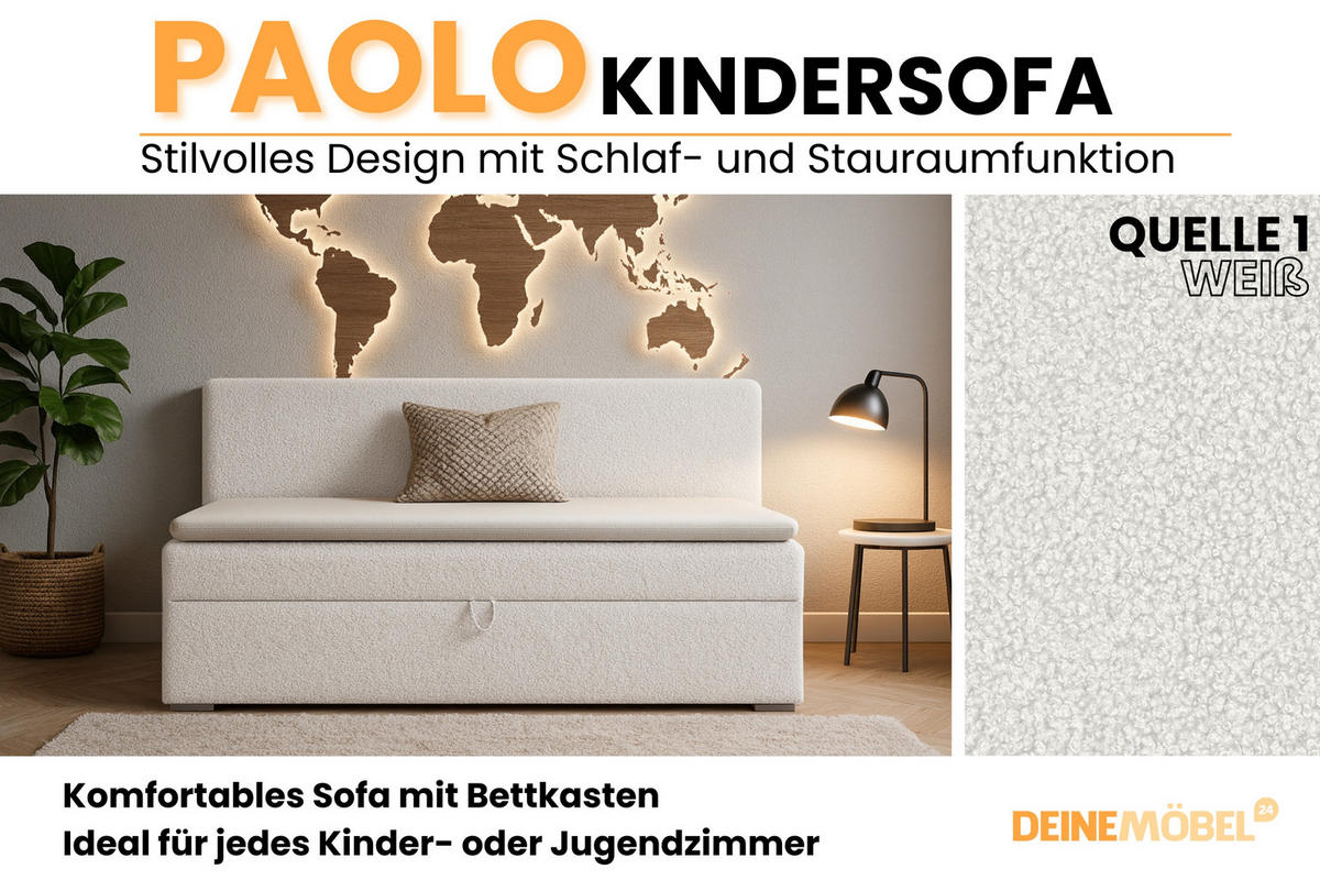 BOXBETT PAOLO 90/200 Boucle Weiß mit Bonell-Federkernmatratze H3 - Weiß, Holz/Holzwerkstoff (90/200cm) - Deine Möbel 24