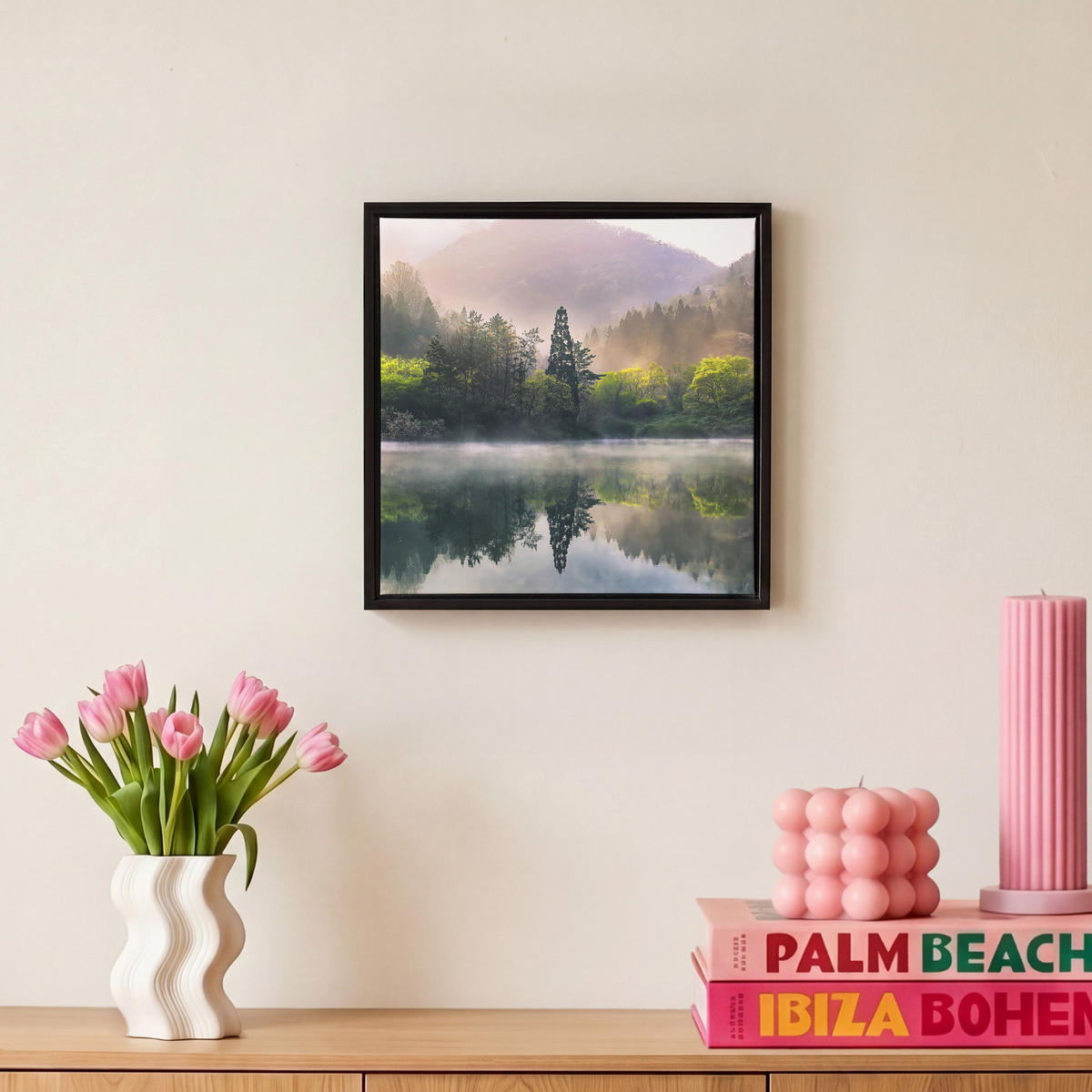 LEINWAND Bilder mit Rahmen - Natur - Bäume - Berge - See - Wasser - 20x20 - Hellgrün, Textil (20/20cm) - MuchoWow
