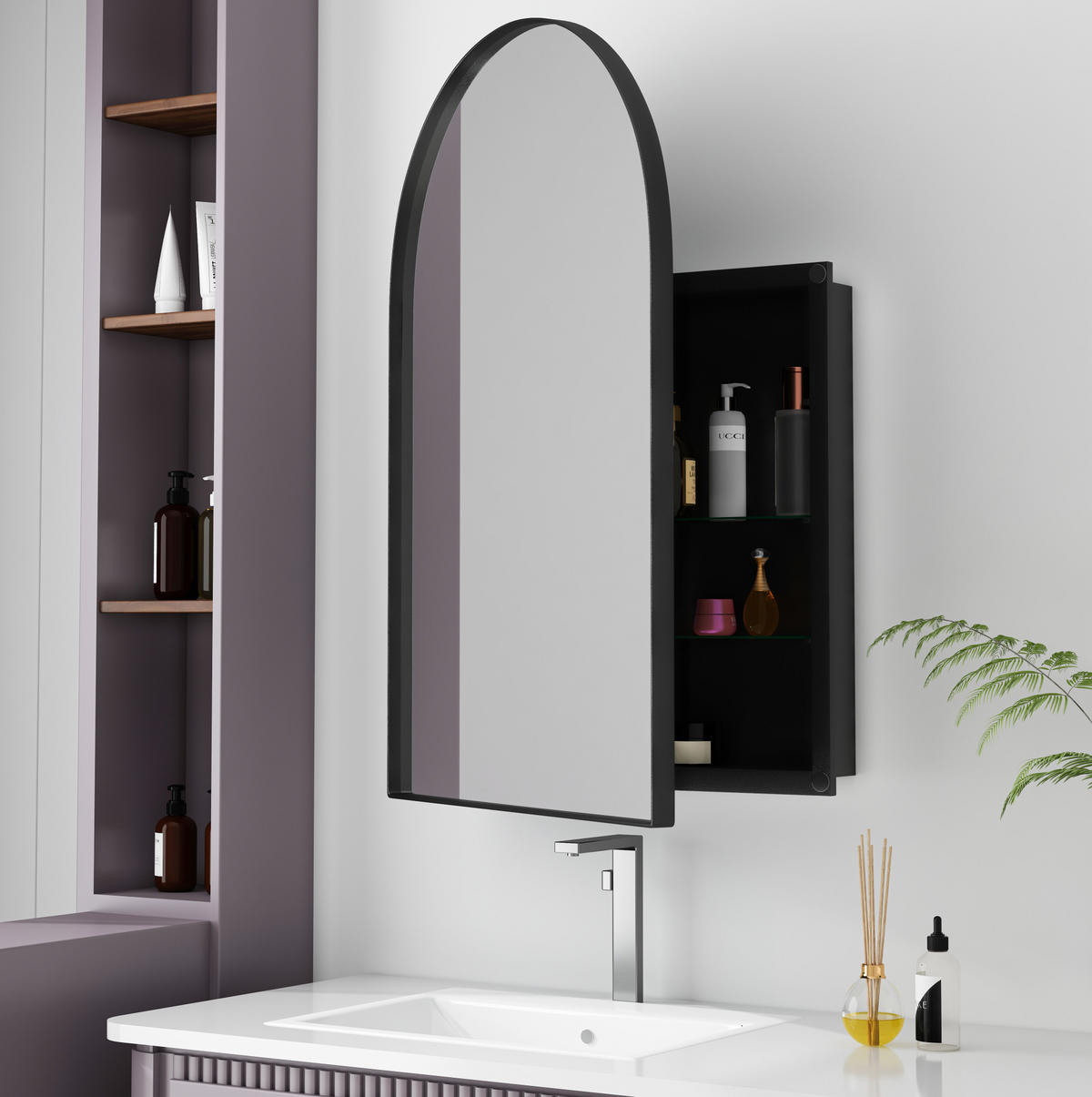 SPIEGELSCHRANK 91x61x12cm schwarz mit gehärtetem Glas Wandmontage,Feuchtigkeitsbeständig,Integrierter Stauraum - Silberfarben, Glas (61/91/12cm) - Modfu