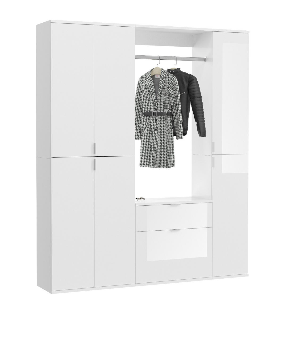 GARDEROBENSCHRANK weiß Hochglanz 152 cm, bis 18 Fächer, Flurgarderobe - Chromfarben/Weiß Hochglanz, Holzwerkstoff/Metall (152/193/34cm) - Inn.Furn