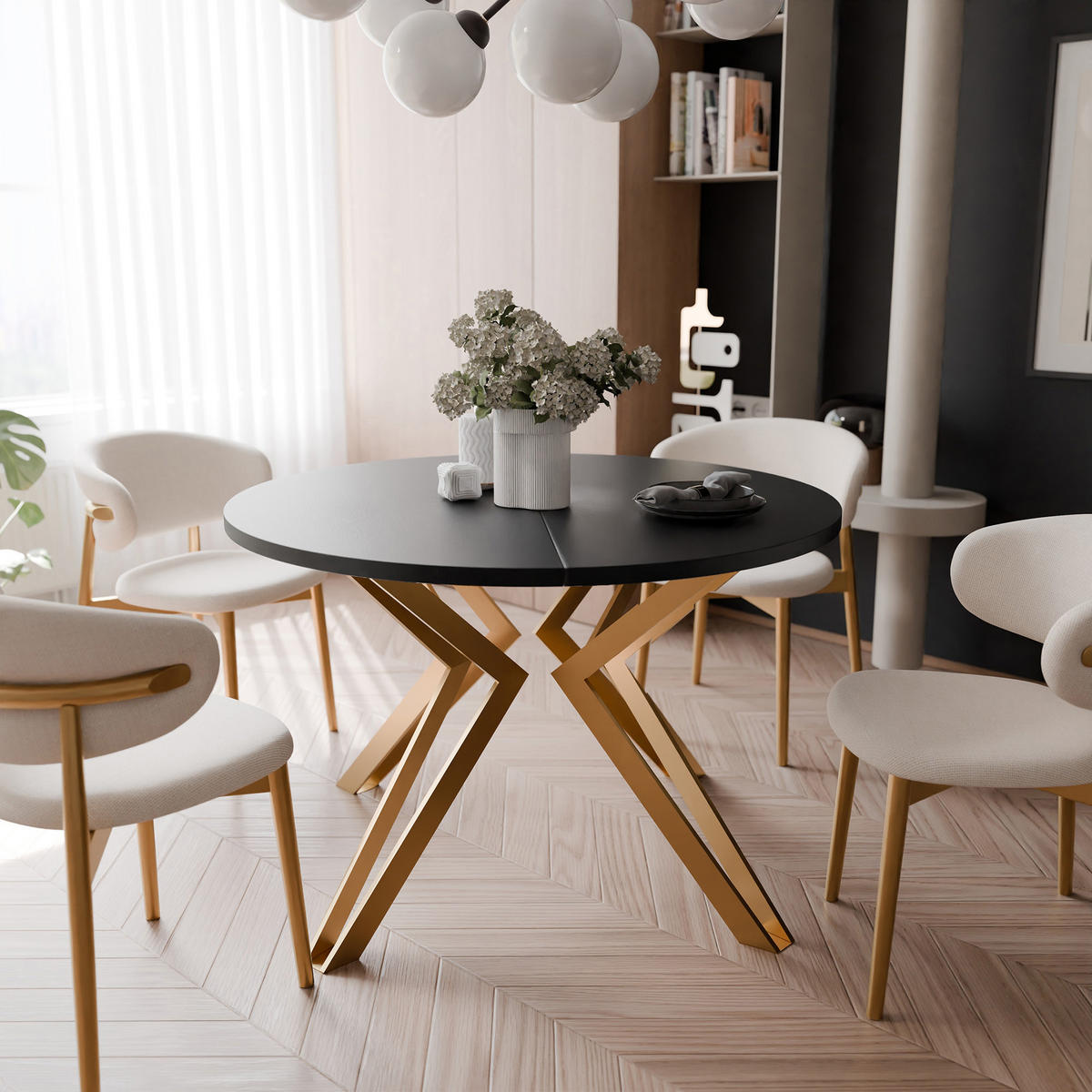 ESSTISCH ausziehbar aus MDF, Schwarz - Goldfarben/Schwarz, Holzwerkstoff (120/120/76cm) - Idohome