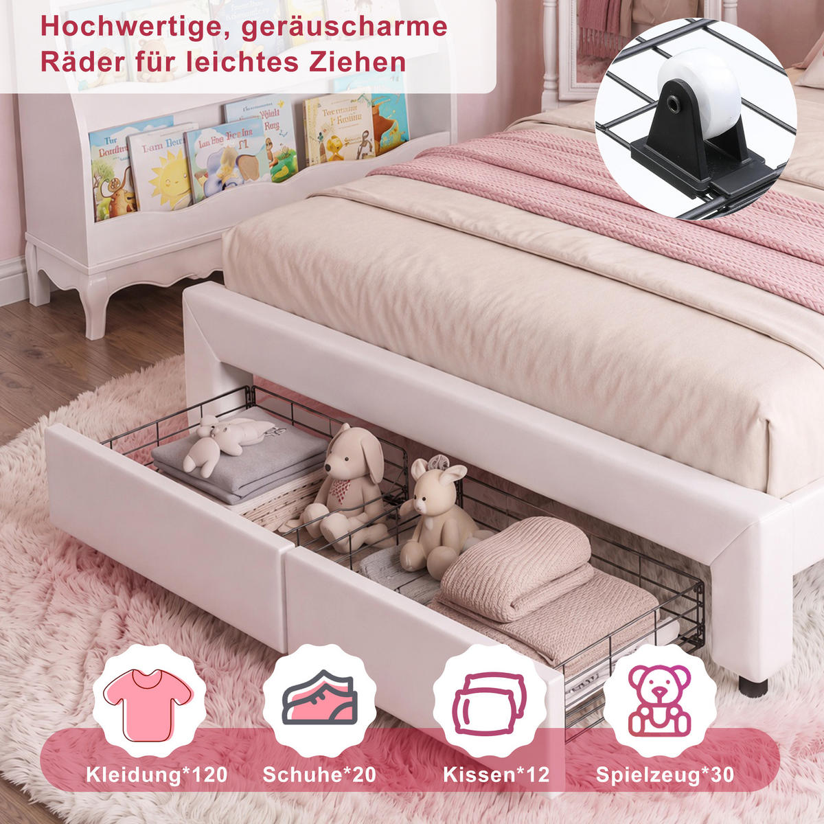 POLSTERBETT 140/200 cm mit LED und Schublade,Kinderbett Kunstleder, Weiß - Weiß, Holz/Metall (140/200cm) - PARAFTA HOME