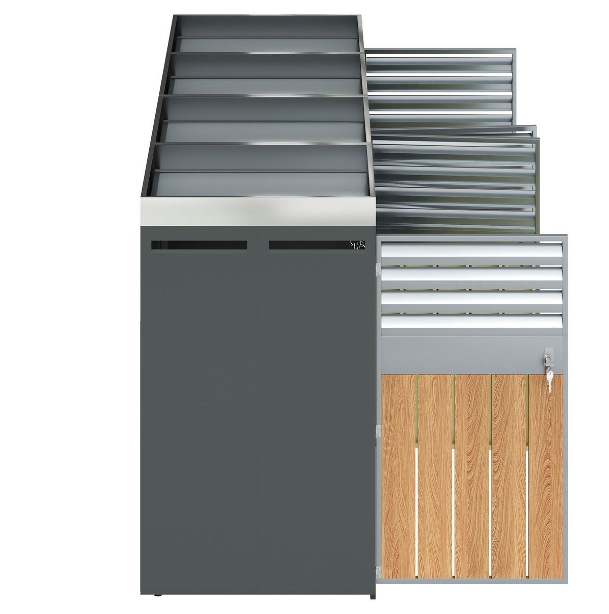 MÜLLTONNENBOX aus Stahl in Grau/Holzoptik mit Pflanzfläche & 4 abschließbaren Türen - Grau, Metall (264/124.5/80cm) - Modfu