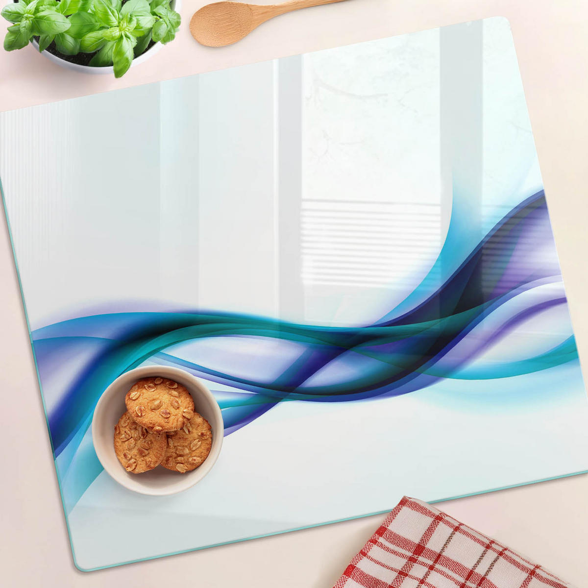 GLASPLATTE 60x52 cm Abstrakte Wellen - Blau, Glas (60/0.4/52cm) - TULUP