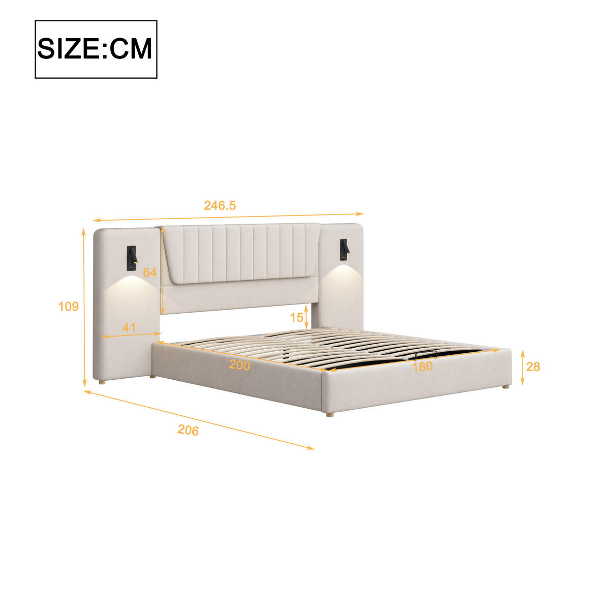 STAURRAUMBETT 180/200 cm DE-01898, in Beige, mit Leselampen, USB und hydraulischem Stauraum - Beige, Metall (180/200cm) - ComfortXL