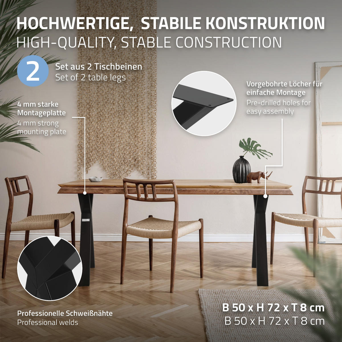 TISCHBEINE 2er Set 50xH72 cm X-Form, Schwarz - Schwarz, Metall (50/8/72cm) - ML-DESIGN