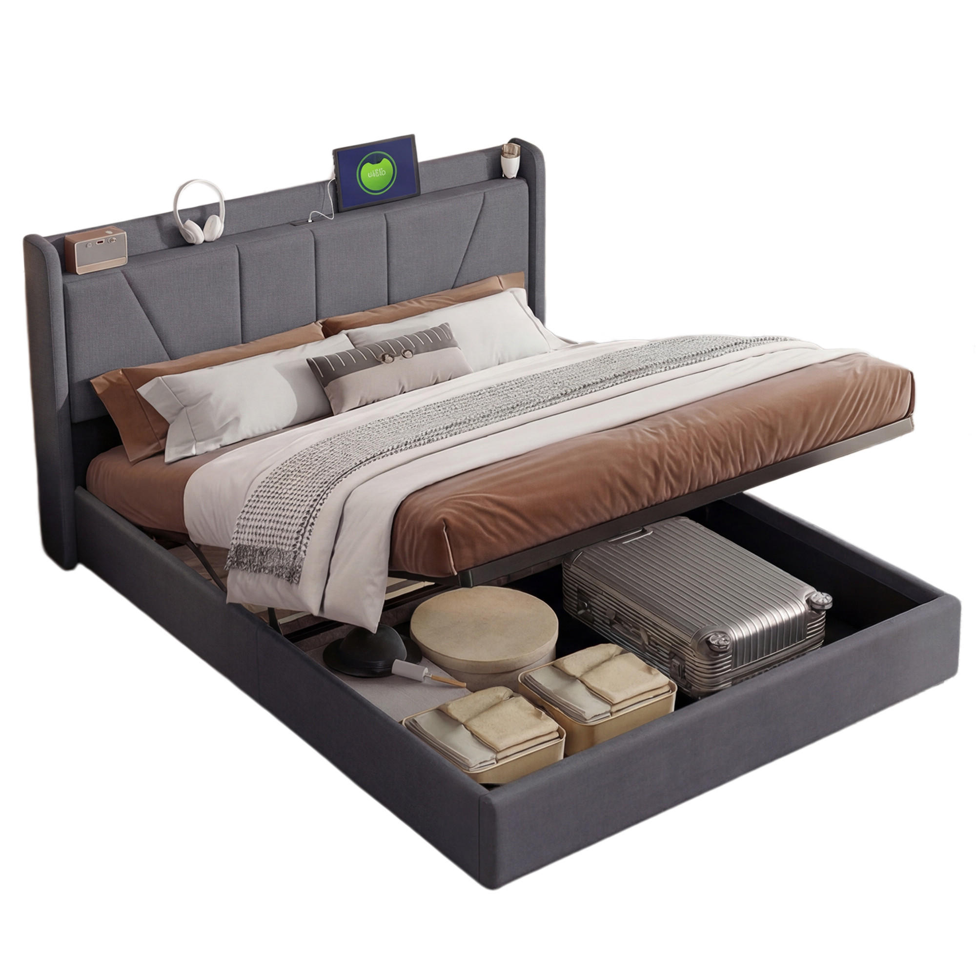 POLSTERBETT 140x200 cm mit USB Typ-C Anschluss, Stauraum und Lattenrost Grau - Grau, Holzwerkstoff (140/200cm) - Novahome