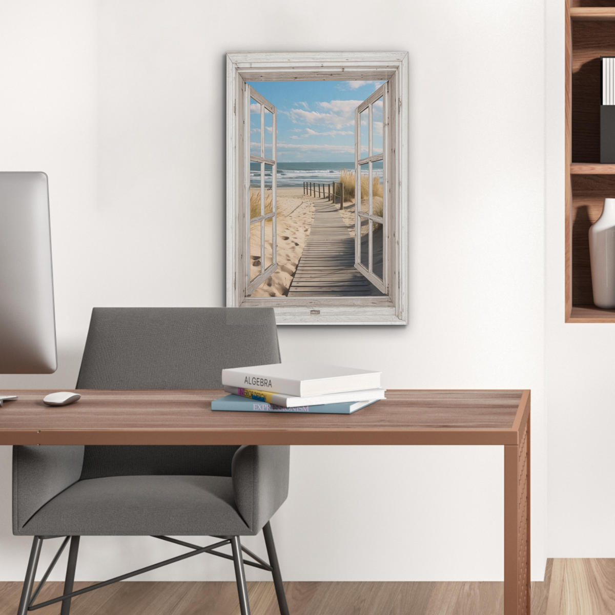 AKUSTIKBILD Fenster - Meer - Küste - Natur - Ausblick - Strand - Wattenmeer Kunstdruck Schlafzimmer 50x70 cm - Beige, Kunststoff (50/70/0.9cm) - MuchoWow