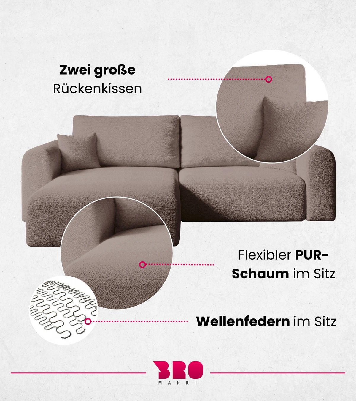 ECKSOFA Kornel mit Schlaffunktion Rosa Boucle - Rosa, Textil (248/165cm) - Bromarkt