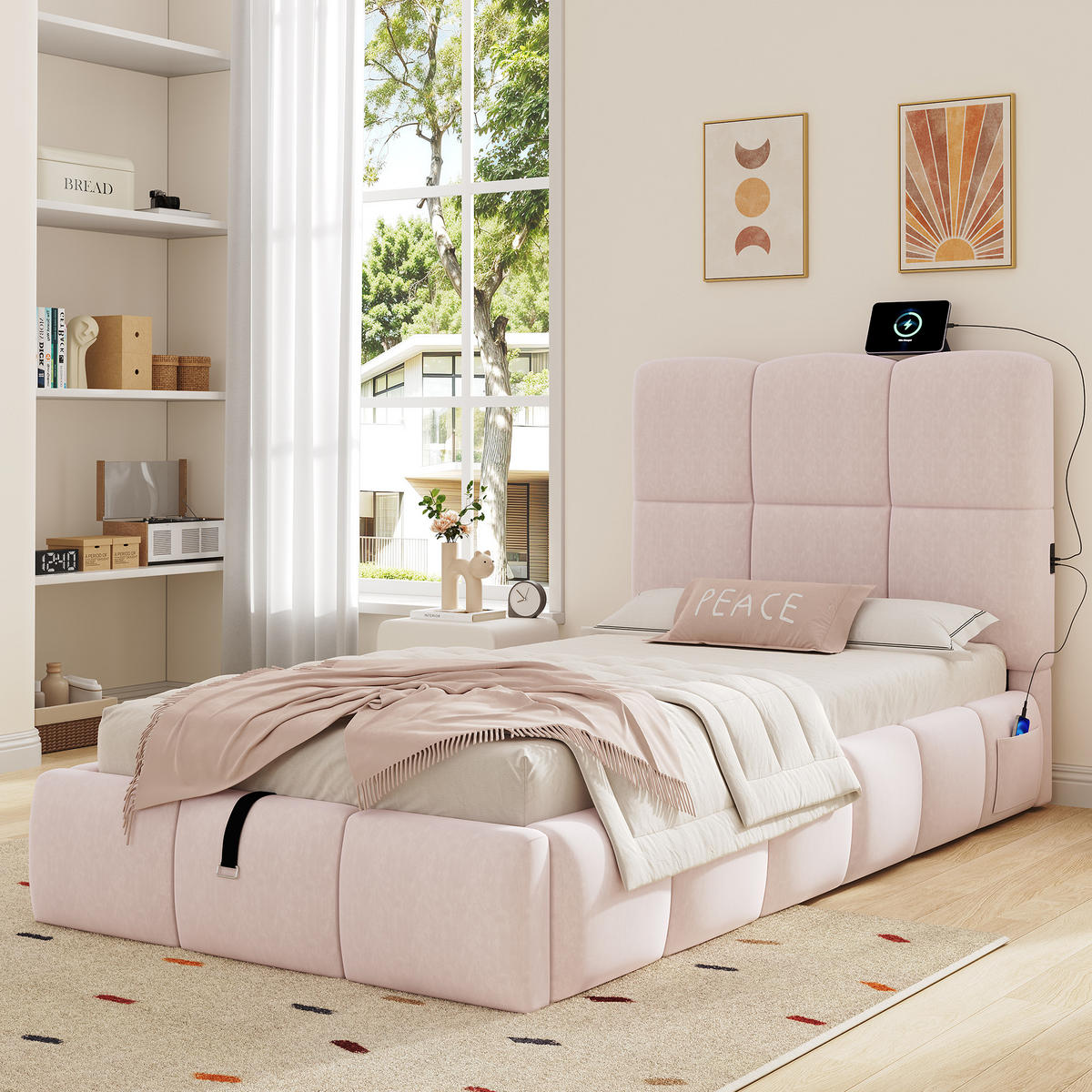 KINDERBETT 90/200 cm in Rosa Samt mit Bettkasten und USB - Rosa, Holzwerkstoff/Textil (90/200cm) - WISHDOR