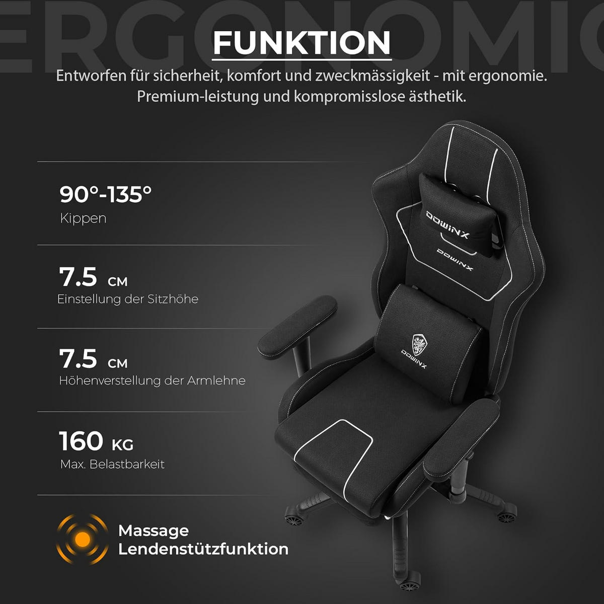 GAMING Stuhl Stoff & Taschenfederkissen PC Bürostuhl & Fußstützen - Schwarz, Textil (70/130/60cm)