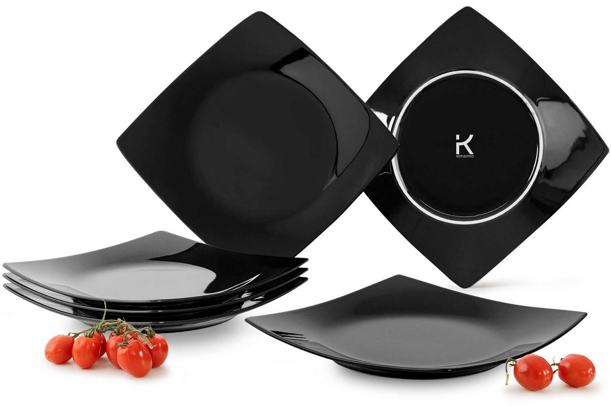 TELLERSET EPIRI Speiseteller 6 Personen 6-tlg - Schwarz Hochglanz, Keramik (25cm) - KONSIMO®