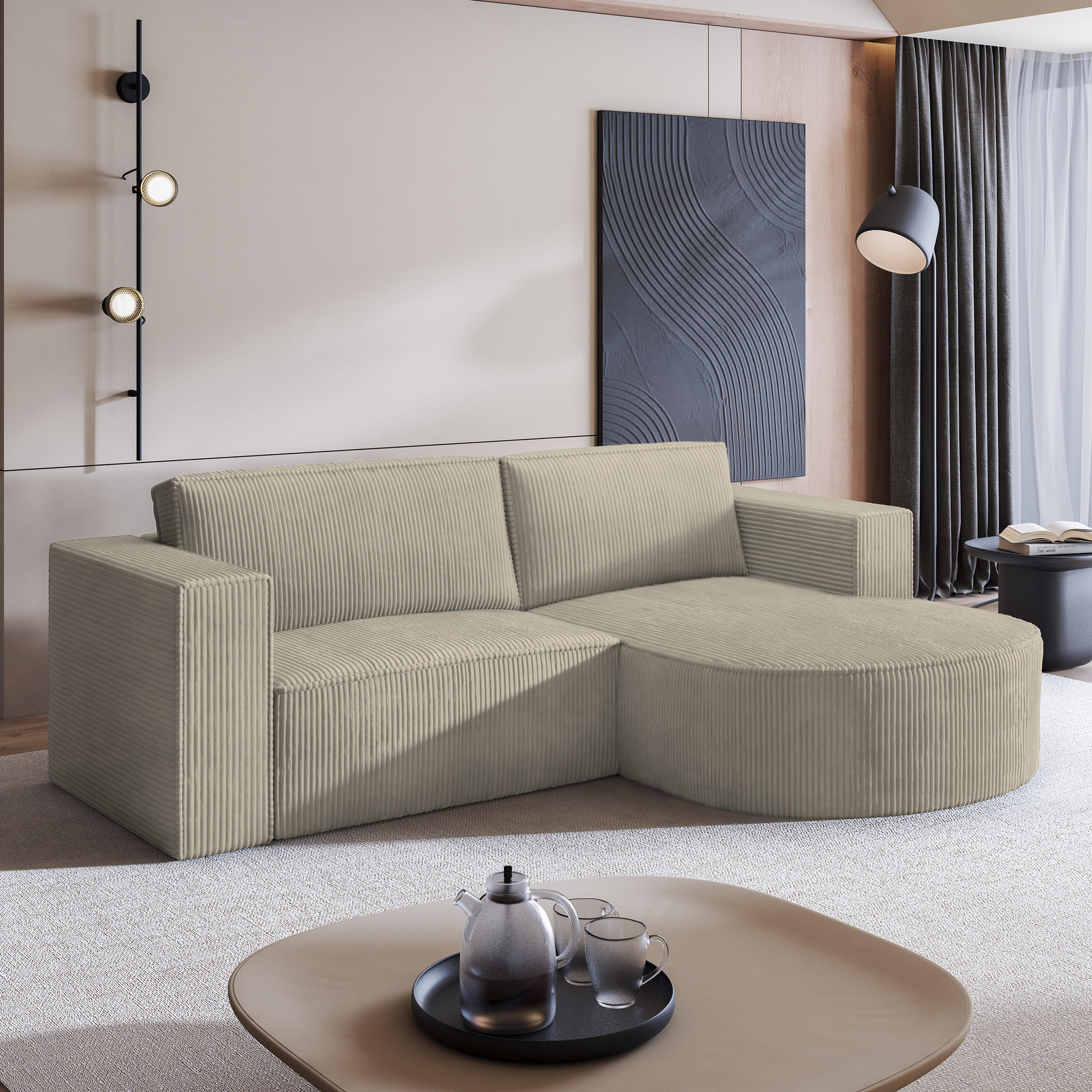 ECKSOFA SORELA P R-S Beige Kordstoff mit Schlaffunktion - Beige, Holz (263/174cm) - MASSENO