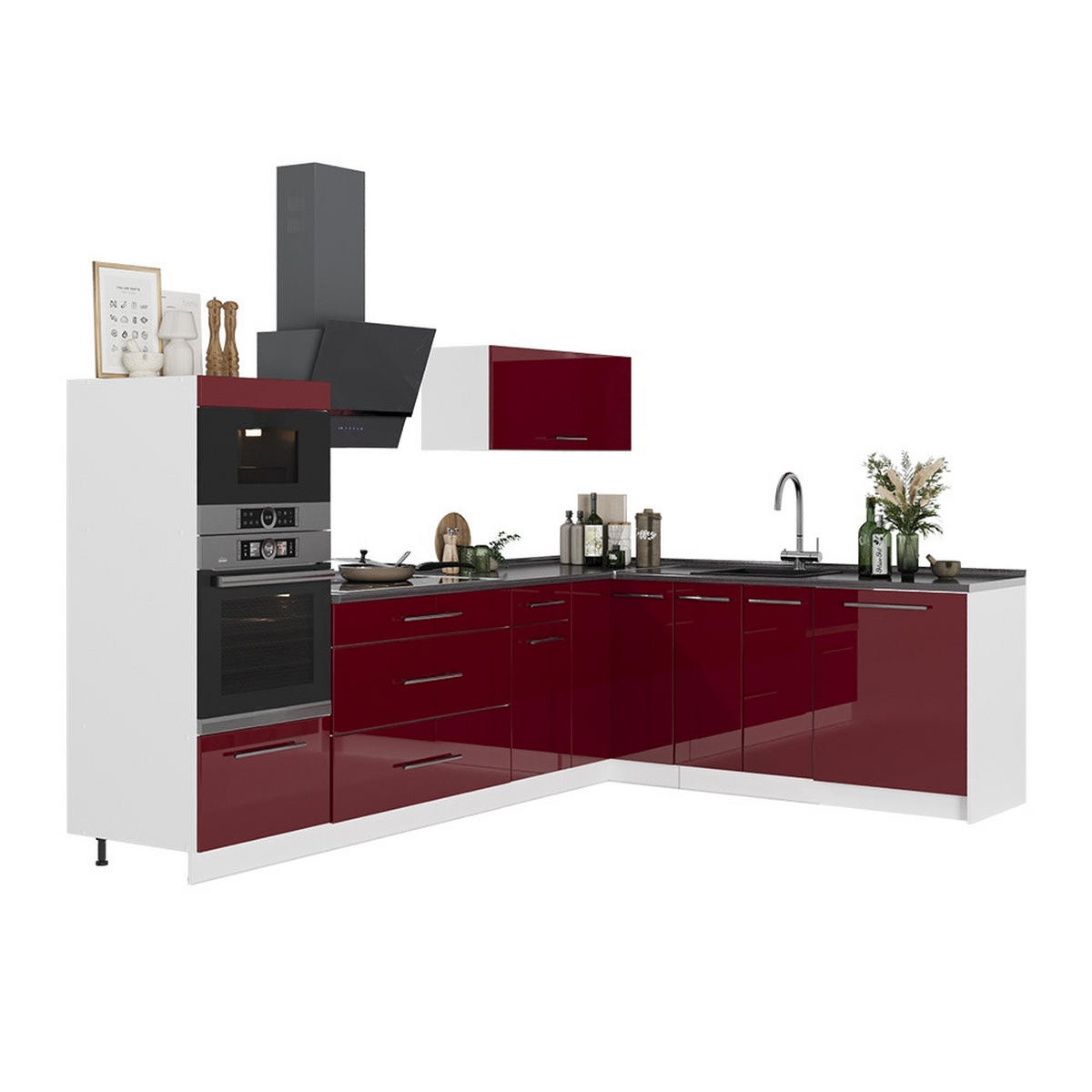 KUHINJA U OBLIKU SLOVA L Fame-Line, Bordo visokog sjaja/Bijela, 287 x 207 cm bez radne ploče - bijela/bordo, drvni materijal (287/153.6/51.6cm) - Vicco
